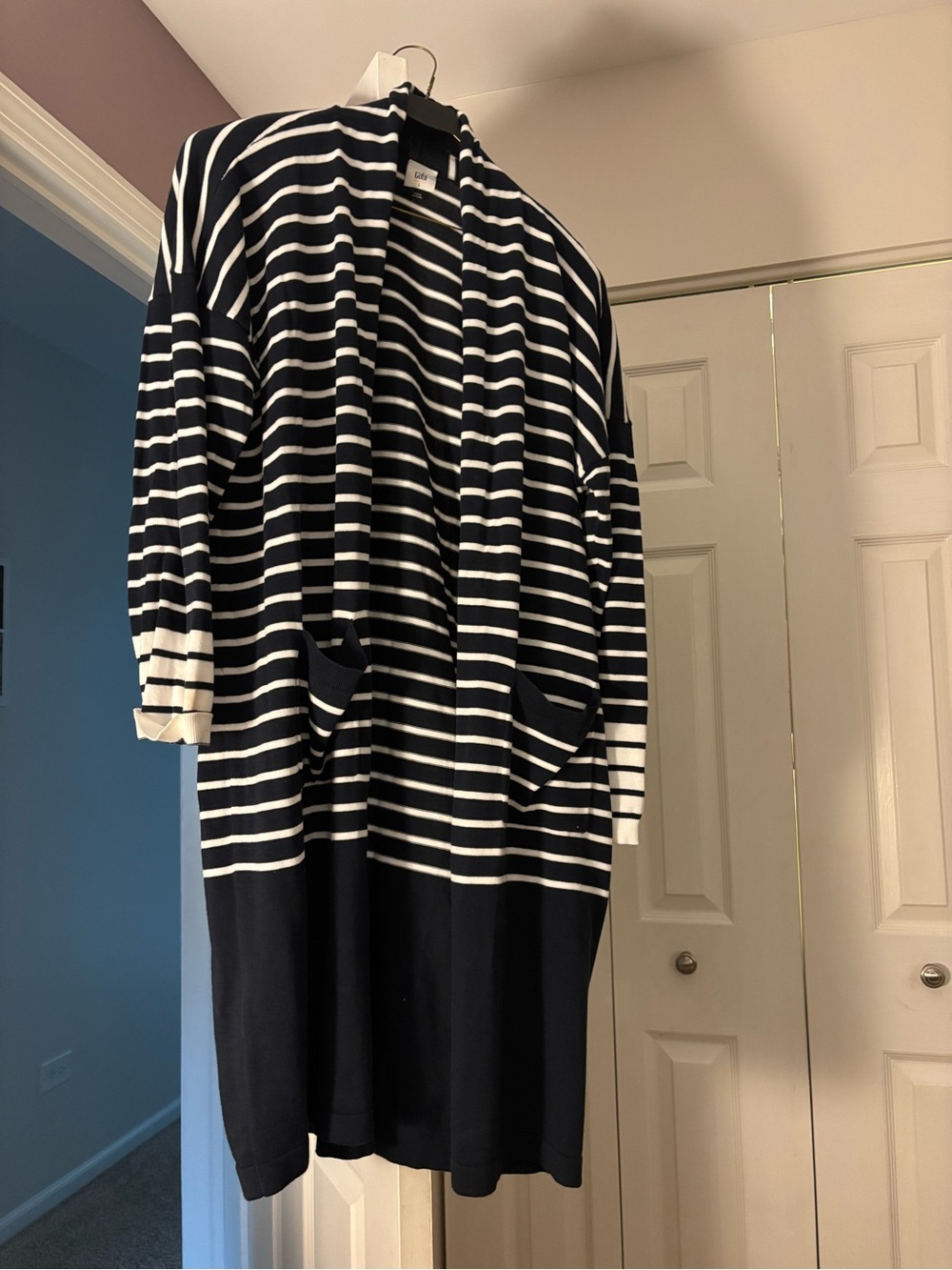 CAbi Navy and White Striped Open-Front Cardigan with Pockets